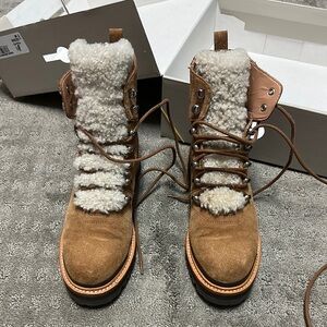 Marc Fisher Brown and White Combat Boots with Fur Lining
